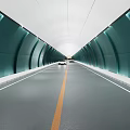 Road Tunnel Facility With Green Walls Central Yellow Line Moving Vehicles And Lighting System