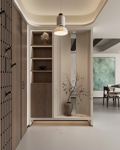 Modern Foyer Hallway Interior With Wooden Shelves And Decorative Vase 3d model