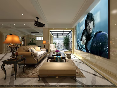 Modern Basement Interior Design With Sofa Coffee Table And Decorative Rug 3d model