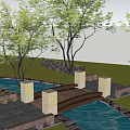 Landscape Bridge with Wooden Deck Stone Pillar Lamps Stream Grass and Trees