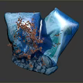 Blue Stone Structure With Wooden Orange Branch Decorations Glossy Surface Rock Texture And Scattered Fragments