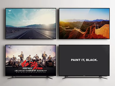 Multiple Modern Television Screens Display Scenic Landscapes Movie Posters And Text Content 3d model