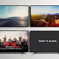 Multiple Modern Television Screens Display Scenic Landscapes Movie Posters And Text Content