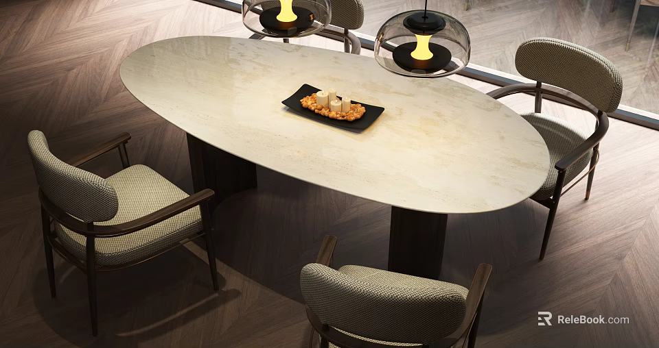 Elegant Oval Dining Table Set with Beige Marble Top and Upholstered Chairs Plus Black Pendant Lights Above Tray of Bread 3d model 