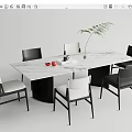 Modern Rectangular Dining Table Set With Marble Top Gray White Chairs And Green Plant Vase 3d model