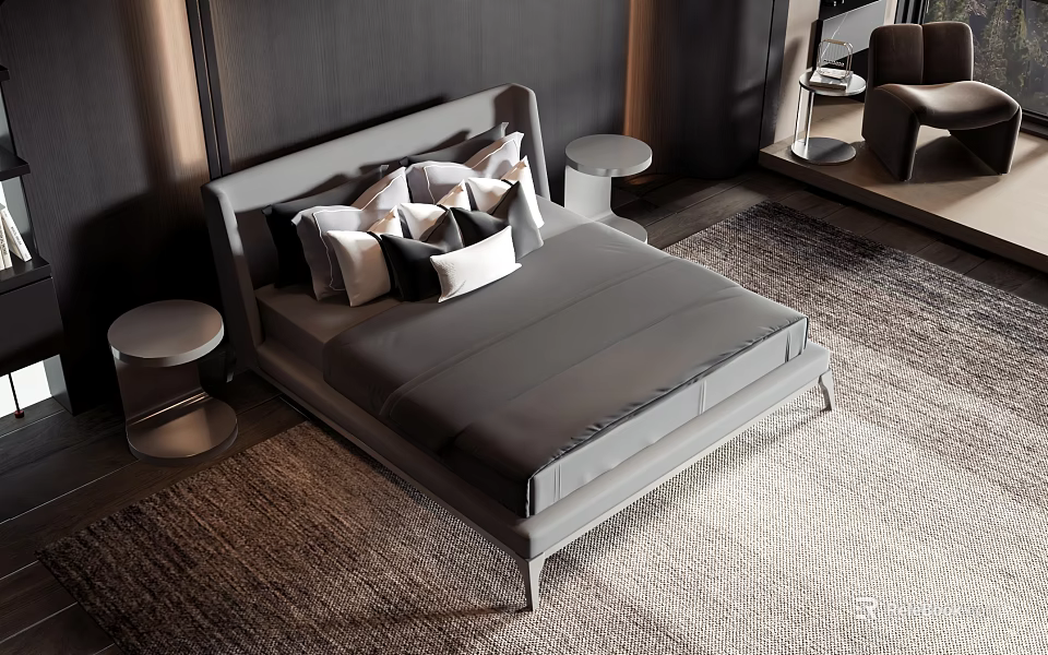 Modern Gray Double Bed With White Black Pillows Round Side Tables And Foot Rug 3d model 