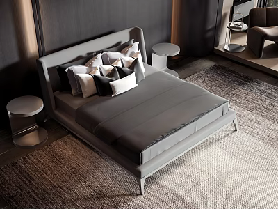 Modern Gray Double Bed With White Black Pillows Round Side Tables And Foot Rug 3d model