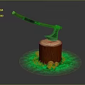 Wooden Axe Embedded In Tree Stump With Green Grass And Pink Mushrooms