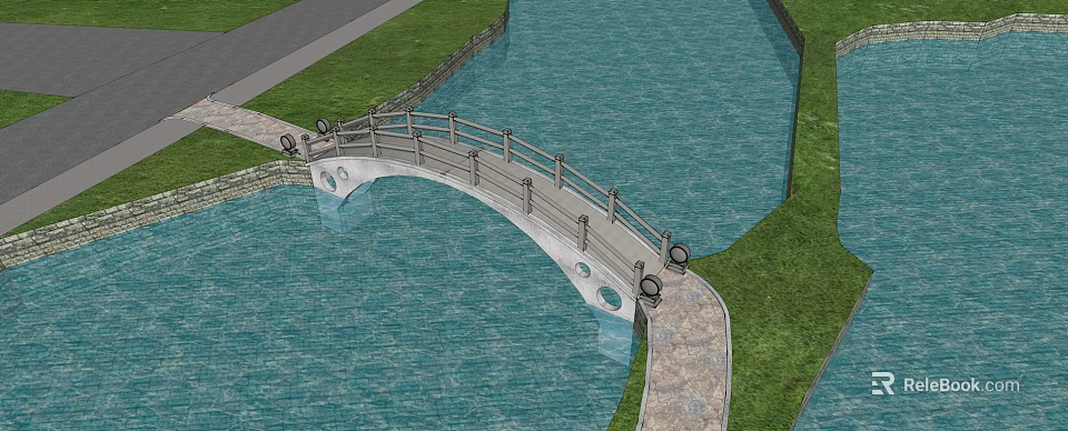 Scenic Stone Arch Bridge Over Blue Water With Green Grass And Stone Path 3d model 