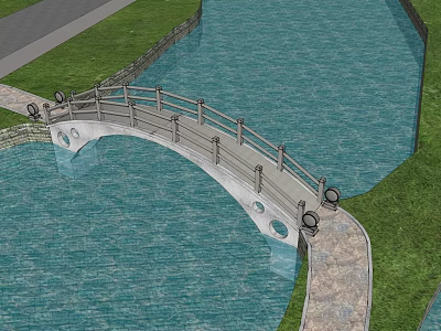 Scenic Stone Arch Bridge Over Blue Water With Green Grass And Stone Path 3d model