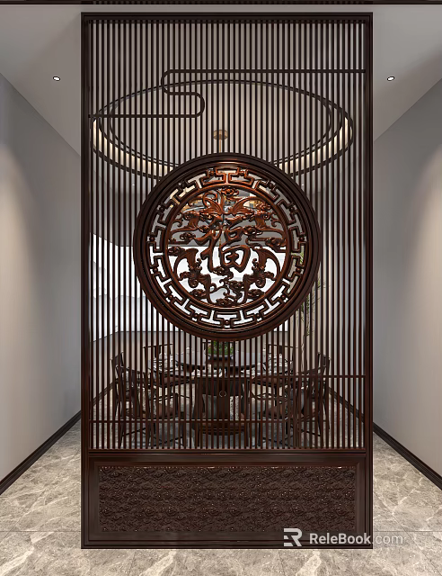 Traditional Chinese Wooden Partition With Circular Carved Design In Dining Space 3d model 