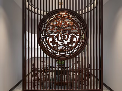 Traditional Chinese Wooden Partition With Circular Carved Design In Dining Space 3d model