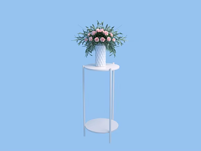 White Vase With Pink Flowers And Green Leaves On White Small Table Light Blue Background 3d model