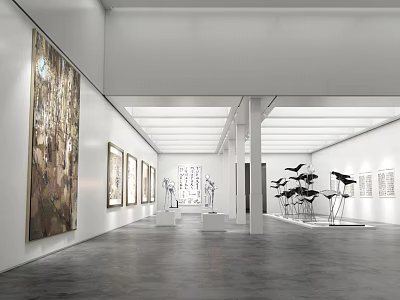Modern Book Art Exhibition Space With Paintings Sculptures White Walls And Lighting 3d model