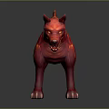Red 3D Rendered Dog Shaped Monster With Horns Spikes Sharp Teeth Claws And Lava Texture