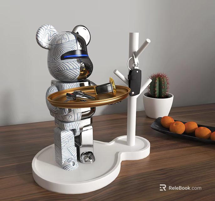 Decorative Ornament Combination with Koala Shaped Tray Hanger Keys Cactus and Oranges on Tabletop 3d model 