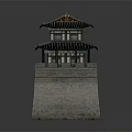 Cartoon Scene of Traditional Chinese Gate Tower With Two Story Red Gate and City Wall