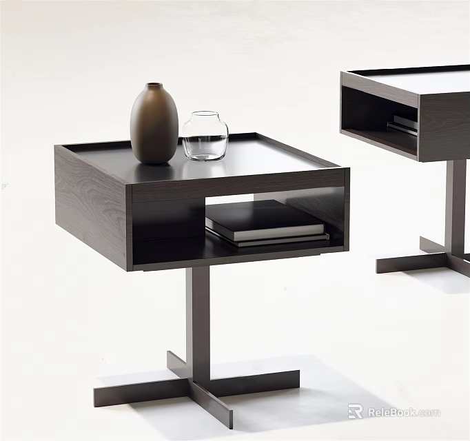 Modern Wooden Nightstand with Brown Vase and Glass Cup and Black Book in Lower Shelf 3d model 