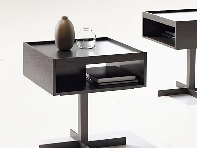 Modern Wooden Nightstand with Brown Vase and Glass Cup and Black Book in Lower Shelf 3d model