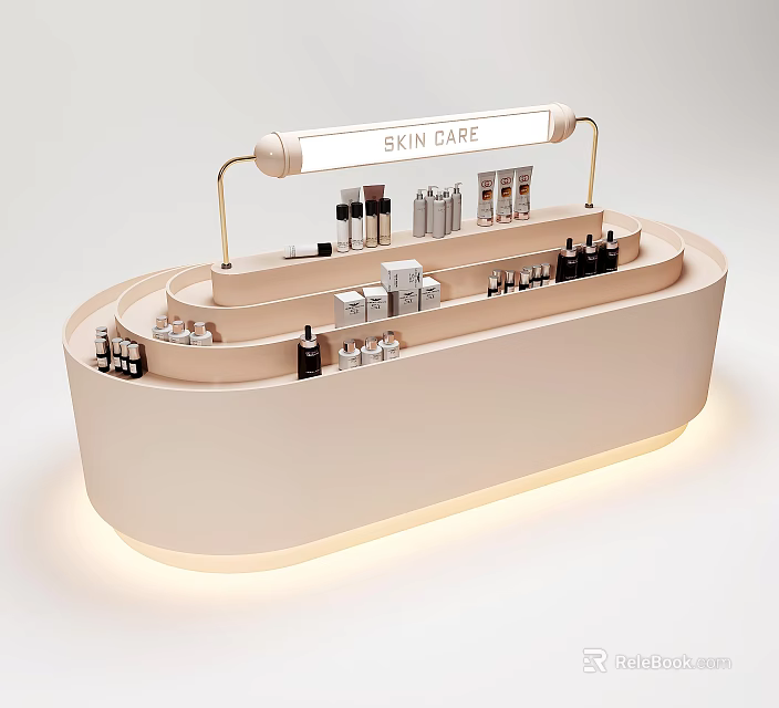 Oval Shaped Beige Skin Care Display Shelf With Layered Design Top Lightbox And Bottom Lighting 3d model 