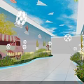 Event Passageway Featuring Blue Ceiling Paper Planes Dandelion Lights Green Plants And Murals