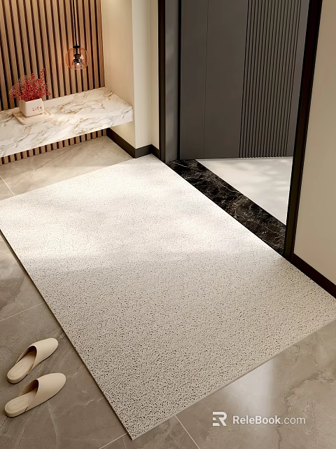 Light Colored Square Rug in Entrance Area with Marble Bench and Tile Flooring 3d model 