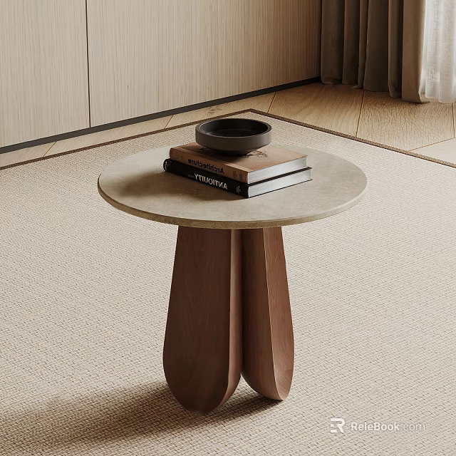 Modern Round Top Side Table with Wooden Base and Stack of Books in Living Room 3d model 