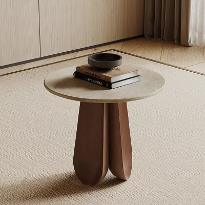 Modern Round Top Side Table with Wooden Base and Stack of Books in Living Room 3d model