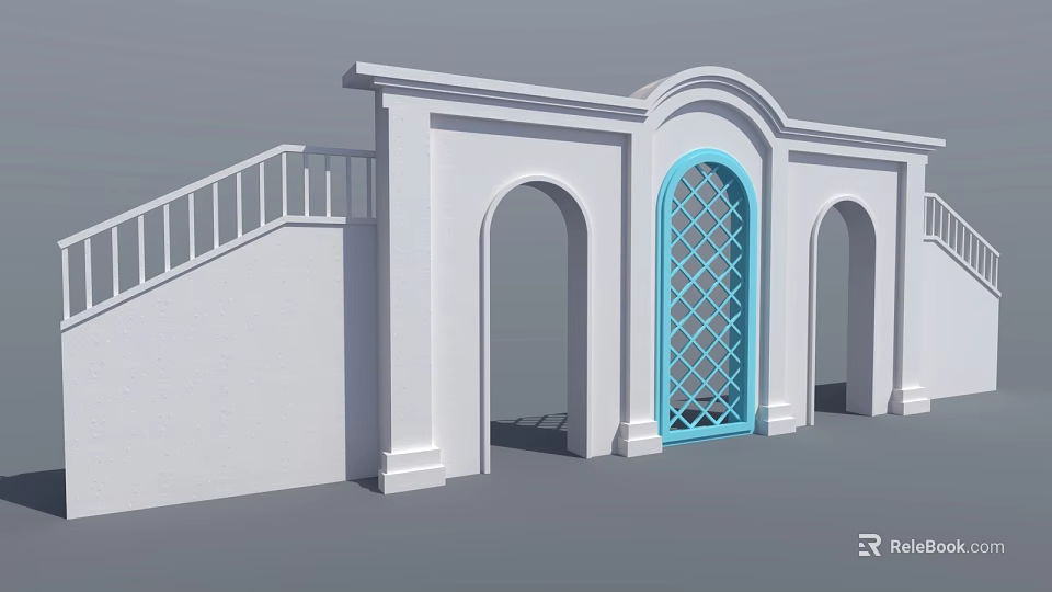 Elegant Event Entrance With White Arched Design Blue Diamond Lattice Door And Staircase Railing 3d model 