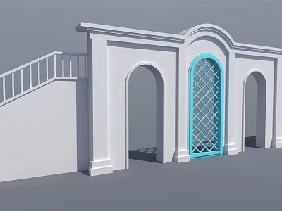 Elegant Event Entrance With White Arched Design Blue Diamond Lattice Door And Staircase Railing 3d model