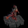 Woman with white hair and headdress wearing red outfit holding weapon standing on stone