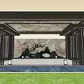 Garden Landscape Corridor With Black Pillars Marble Floor Stone Walls And Greenery
