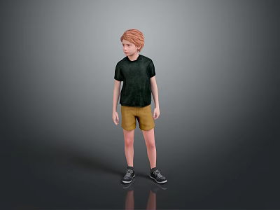 Red Haired Boy In Green T Shirt Yellow Shorts And Black Shoes Against Grey Background 3d model