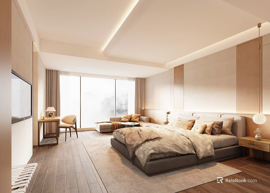 Modern Hotel Room Interior Design With King Bed Floor to Ceiling Windows And Sitting Area 3d model 