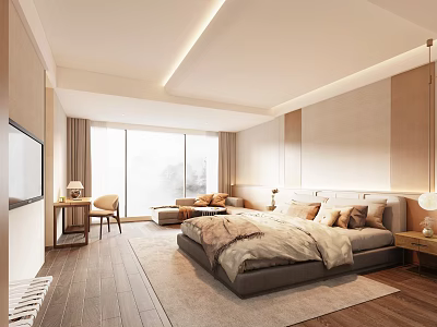 Modern Hotel Room Interior Design With King Bed Floor to Ceiling Windows And Sitting Area 3d model