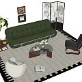 Green Leather Tufted Sofa And Coffee Table Set With Area Rug Plant And Accent Chair