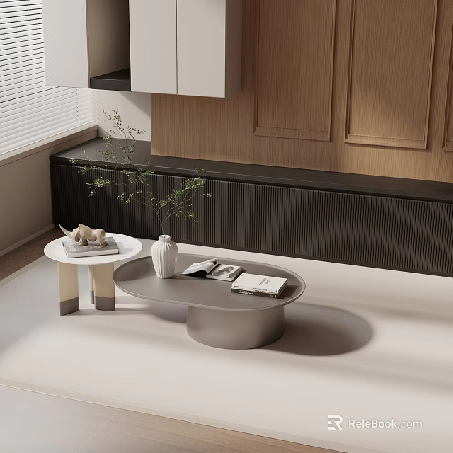 Modern Sofa Coffee Table Set With Round Marble Top And Decorative Plants 3d model