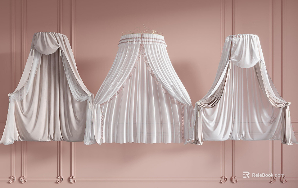 Elegant White Canopy Bed Curtains With Pink Wall Background And Soft Fabric Drapery Design 3d model 