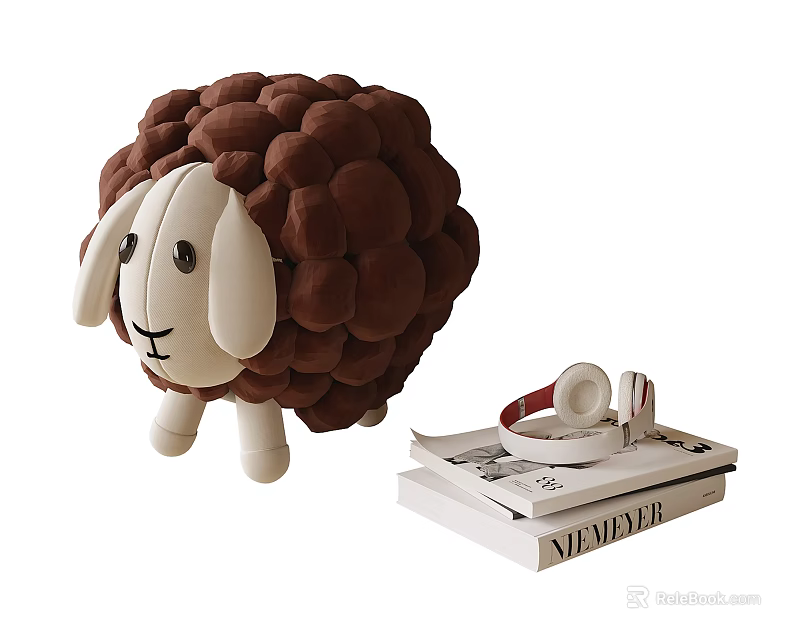 Brown Plush Sheep Near Stool With Open MEMEDEAR Book And White Headphones 3d model 