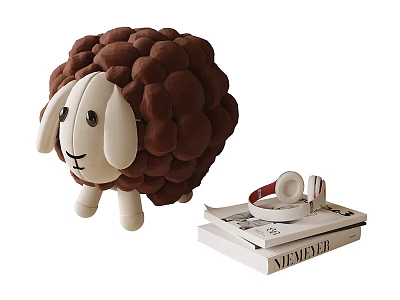Brown Plush Sheep Near Stool With Open MEMEDEAR Book And White Headphones 3d model