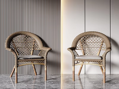Stylish Rattan Leisure Chairs With Wooden Legs And Gray Cushions In Modern Interior 3d model