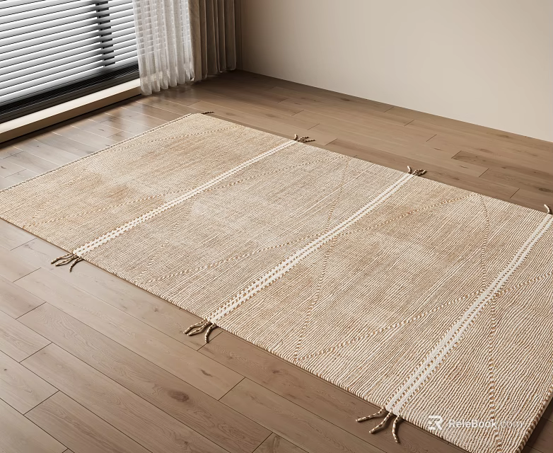 Neutral Toned Square Rug With White Stripes On Wooden Floor 3d model 