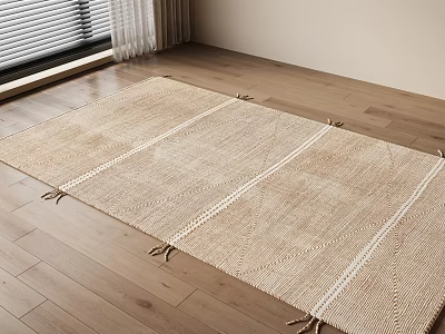 Neutral Toned Square Rug With White Stripes On Wooden Floor 3d model