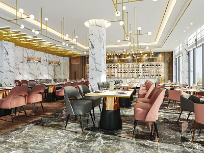 Modern Luxury Restaurant Interior With Marble Elements Golden Chandeliers Dining Tables And Pink Grey Chairs 3d model