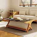 Modern Sofa Coffee Table Set with Wooden Frame Black Glass Top Books and Green Fruits