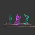 Three Ancient Chinese Figures In Traditional Costumes Performing Cultural Scene
