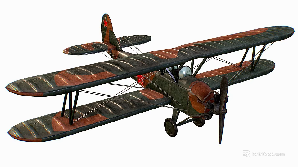 Vintage Biplane Fighter Aircraft with Green Brown Striped Wings Red Tail Emblem Propeller Landing Gear 3d model 
