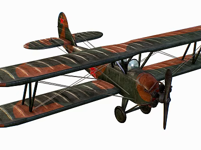 Vintage Biplane Fighter Aircraft with Green Brown Striped Wings Red Tail Emblem Propeller Landing Gear 3d model
