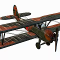 Vintage Biplane Fighter Aircraft with Green Brown Striped Wings Red Tail Emblem Propeller Landing Gear