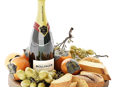 Delicious Food Platter With Bollinger Champagne Fresh Fruits And Bread Slices 3d model